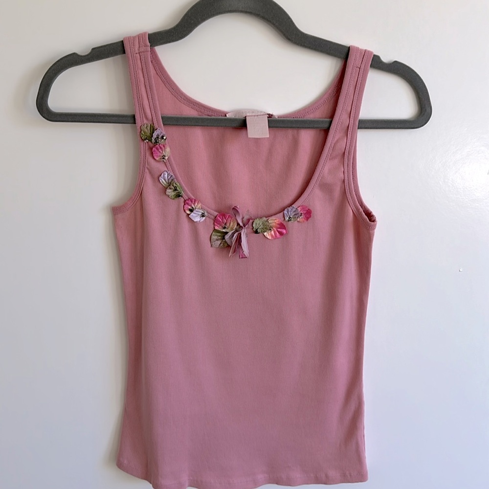 Vintage Rebecca Taylor Cotton Pink Tank Top With Flowers & Rhinestones Details